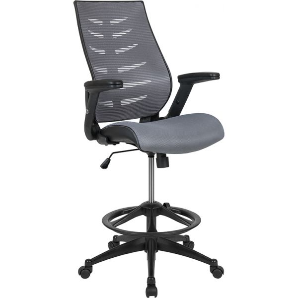 Kale High Back Dark Gray Mesh Spine-Back Ergonomic Drafting Chair with Adjustable Foot Ring and Adjustable Flip-Up Arms