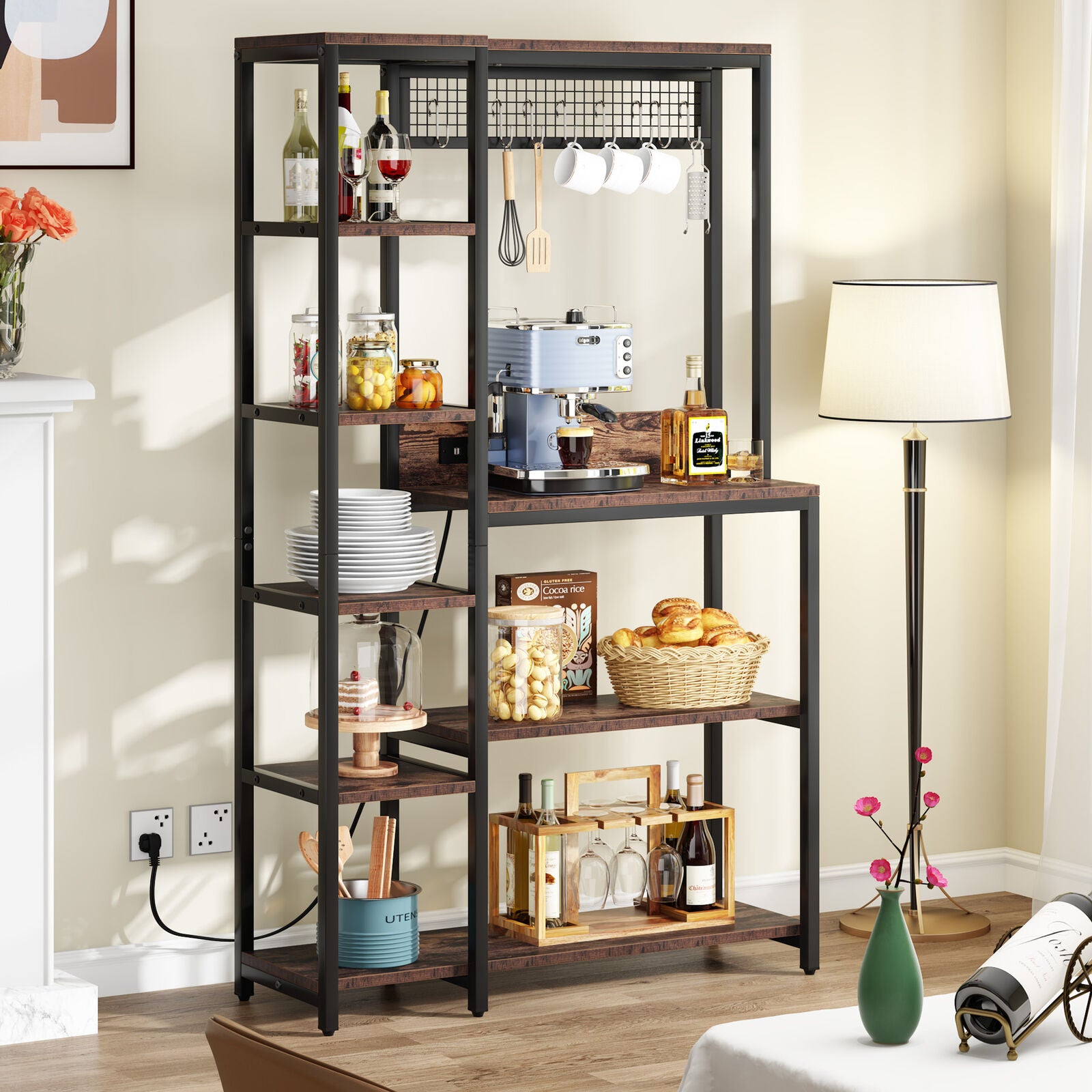 Tribesigns Kitchen Baker's Rack with Power Outlets， Freestanding 8 Tier Microwave Stand with Storage Shelf， Rustic Brown