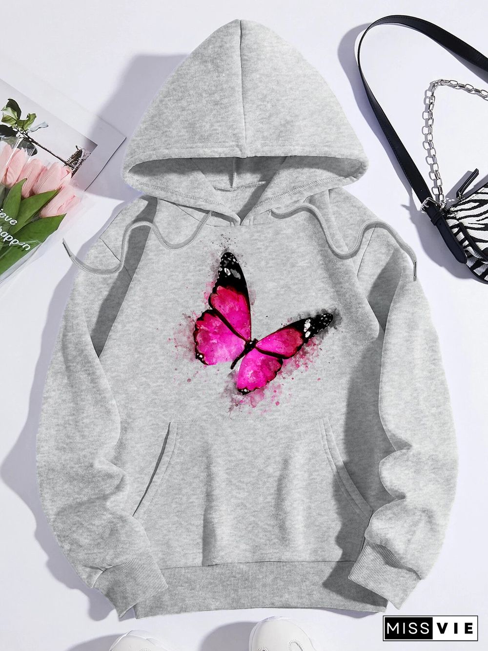 Printed on front Kangaroo Pocket Hoodie Long Sleeve for Women Pattern Butterfly