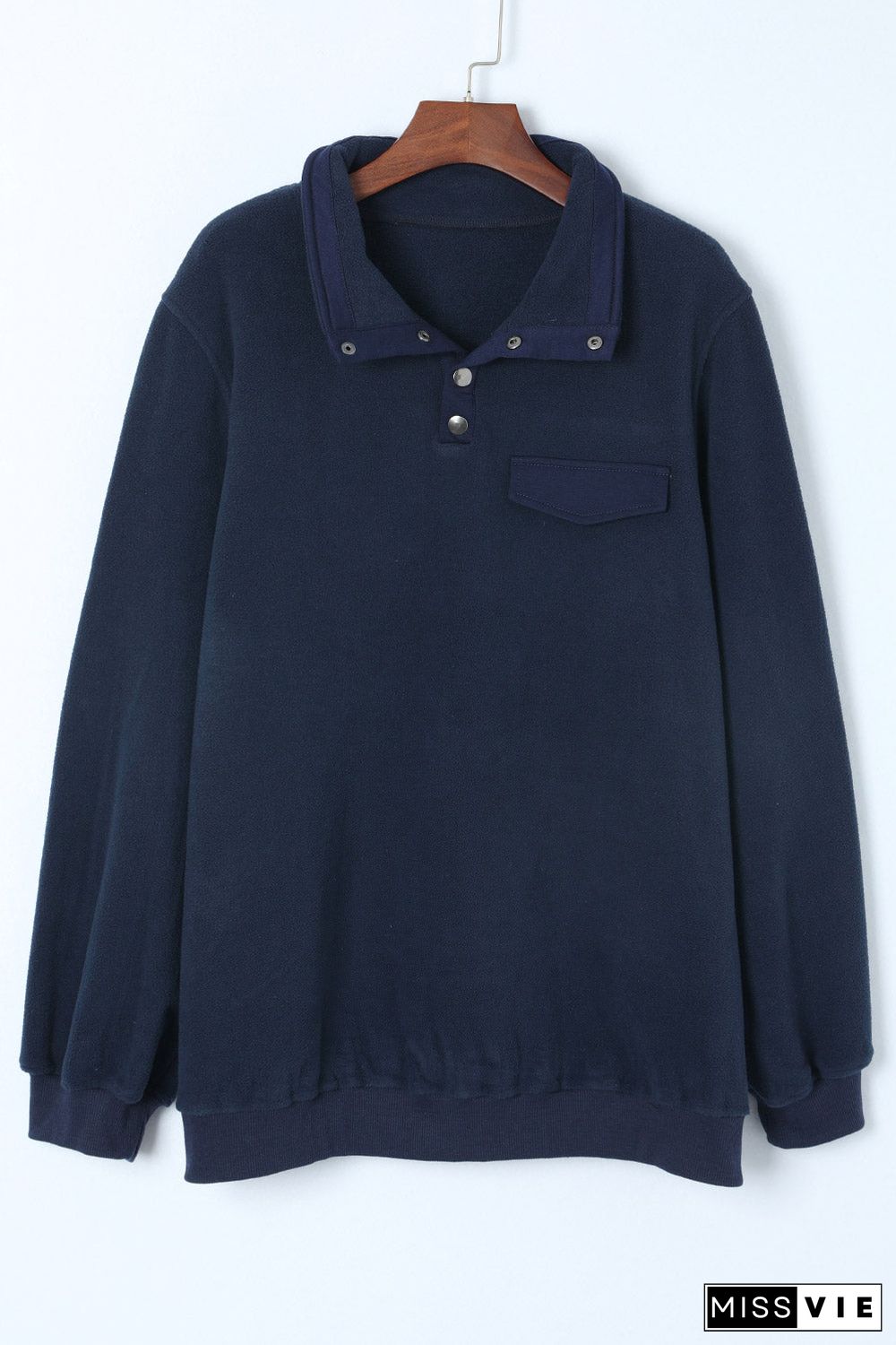 Blue Snap Buttons Pullover Plus Size Fleece Sweatshirt