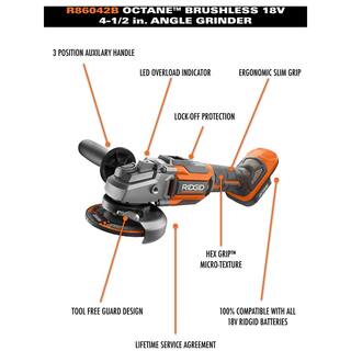 RIDGID 18V OCTANE Brushless Cordless 4-12 in. Angle Grinder Kit with 18V Lithium-Ion 2.0 Ah Battery and Charger R86042B-AC9302