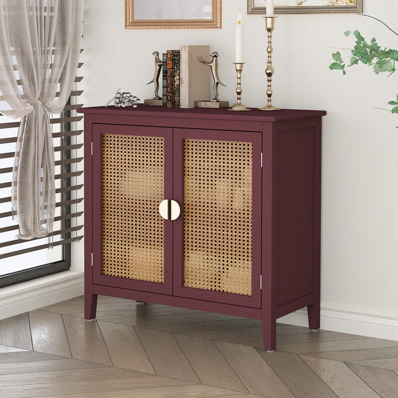 2 Door Natural Rattan Cabinet Buffet Sideboard with Metal Semi Circular Suitable for Bedroom  Living Room  Study