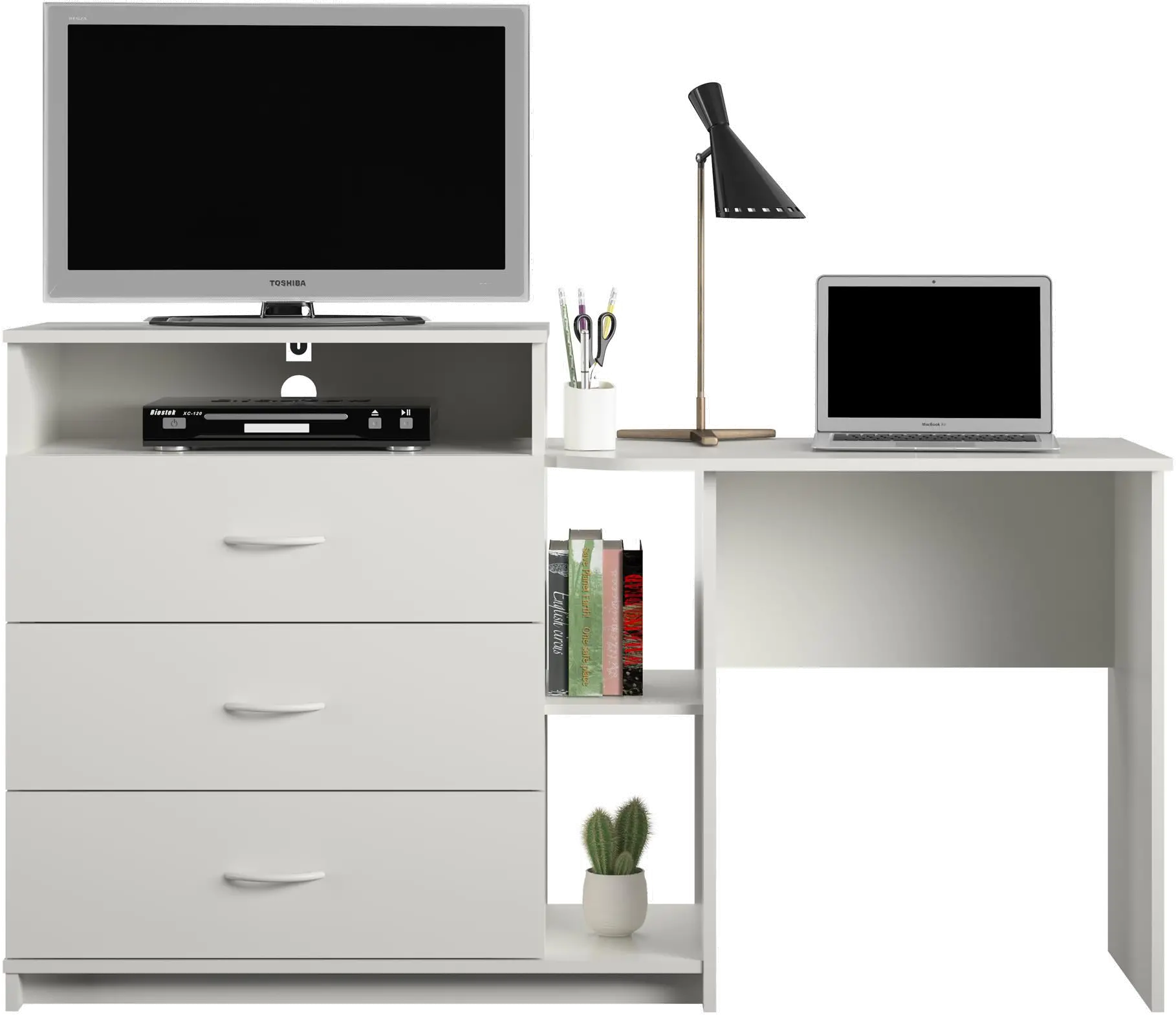 Rebel Transitional White 3 in 1 Media Dresser and Desk Combo