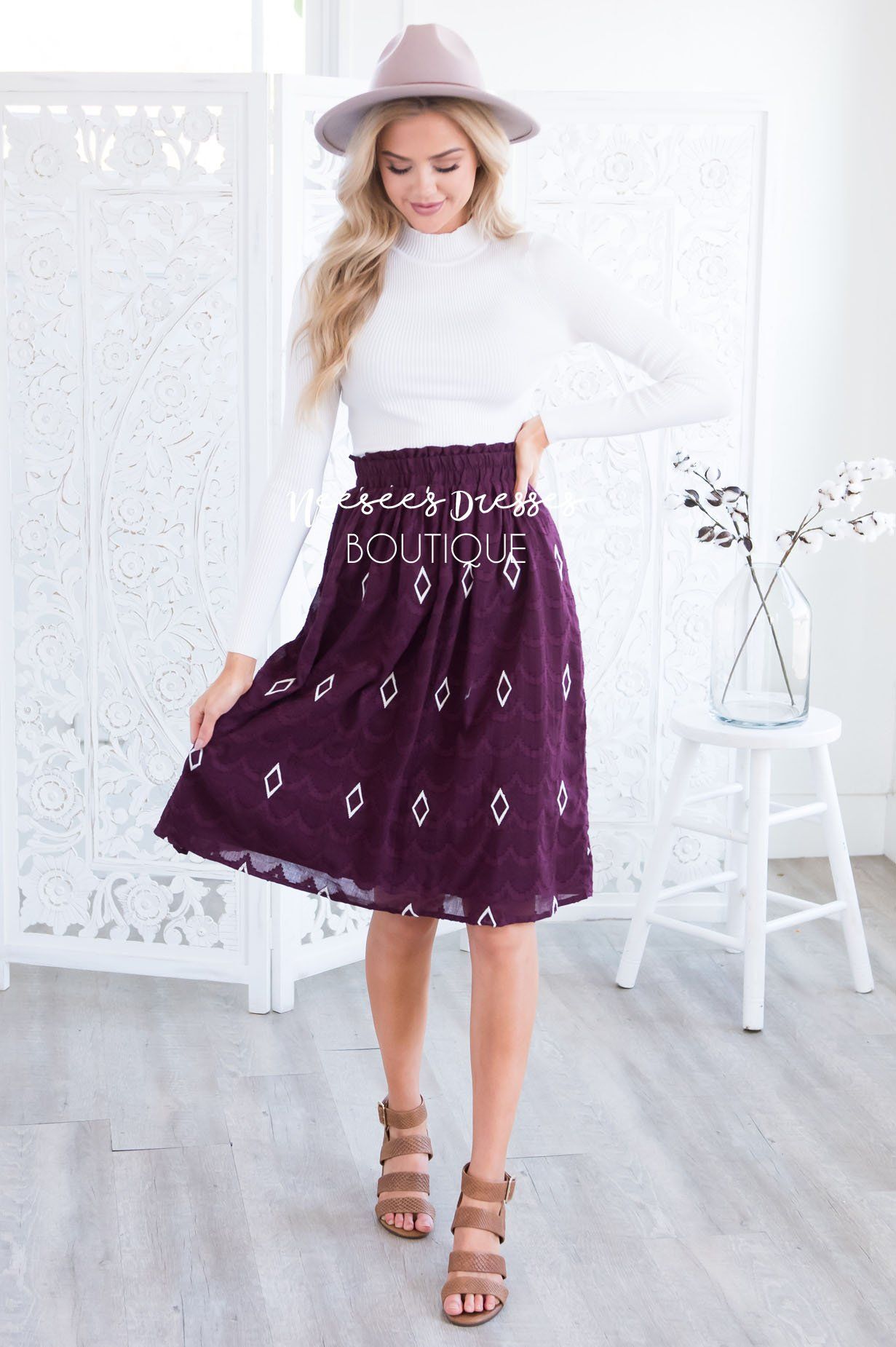 Diamond Print Textured Smocked Waist Skirt