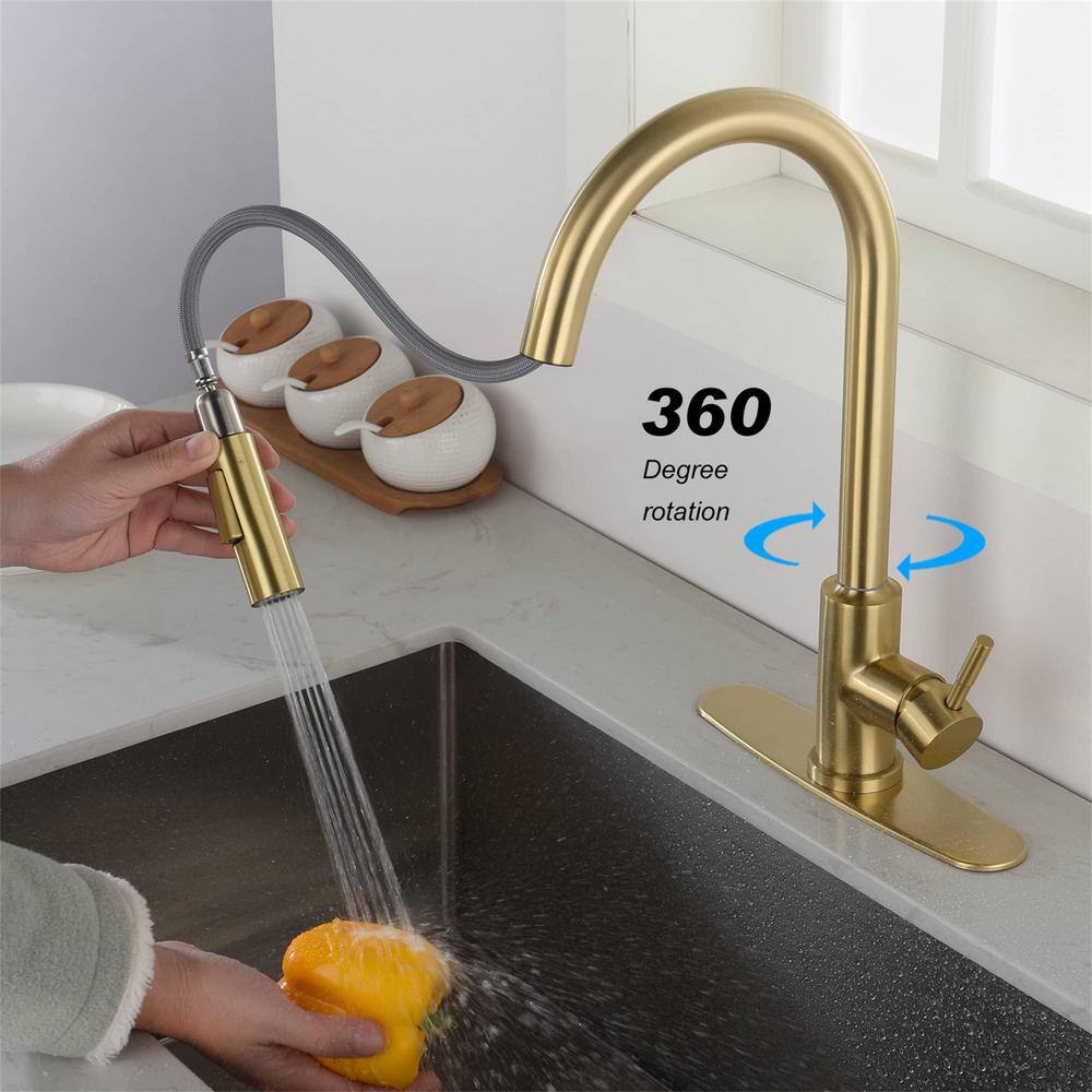 FLG Single Handle Touch On Pull Down Sprayer Kitchen Faucet with Pull Out Spray Wand Stainless Steel Taps in Brushed Gold DD-0027-BG