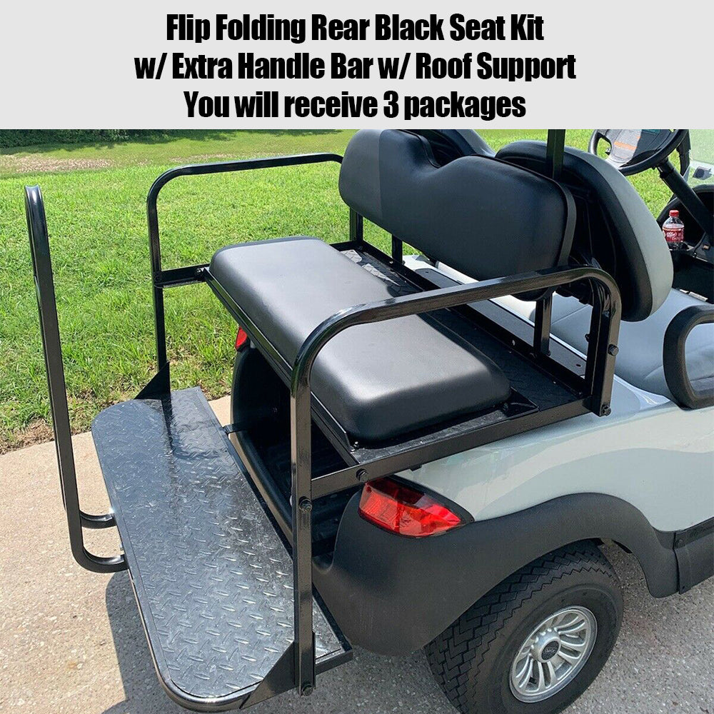 Kojem Flip Folding Rear Black Seat Kit for 2004-up Club Car Precedent Gas or Electric Models Golf Cart w/ Extra Handle Bar w/ Roof Support - 3 Packages and All Hardware