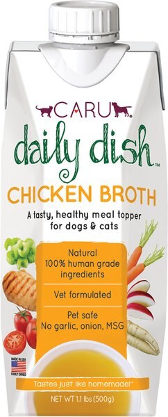 Caru Daily Dish Chicken Broth Human-Grade Dog and Cat Wet Food Topper， 1.1-lb bottle