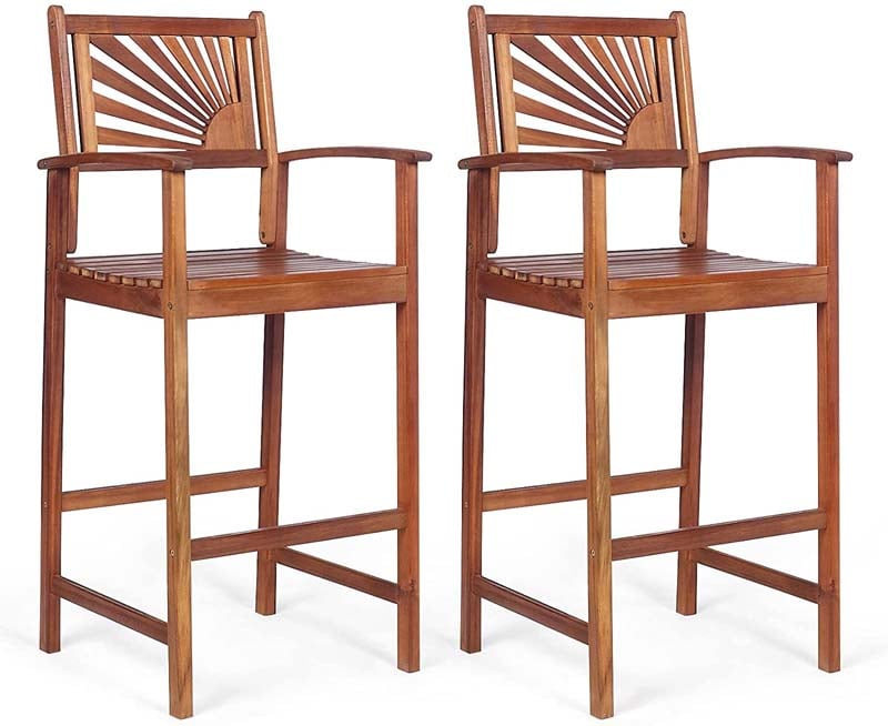 2-Pack Acacia Wood Bar Stools Outdoor Patio Bar Chairs with Sunflower Backrest & Curved Armrests