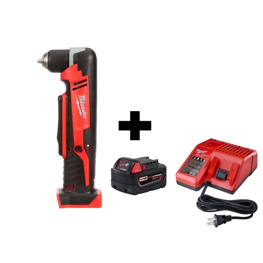 MW M18 18V Lithium-Ion Cordless 38 in. Right-Angle Drill with M18 Starter Kit with One 5.0 Ah Battery and Charger 2615-20-48-59-1850