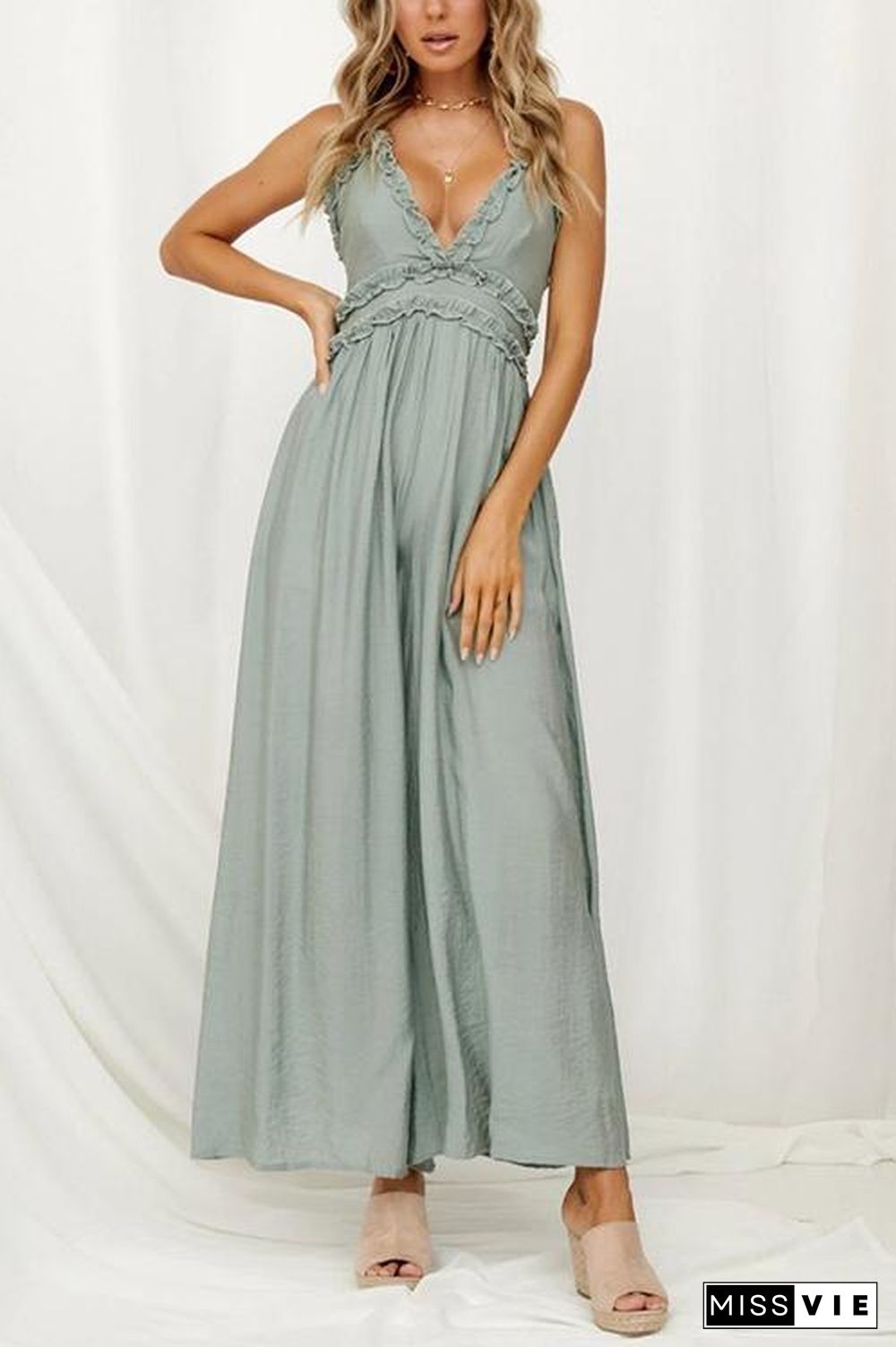 Ruffles V Neck Backless Slip Jumpsuits