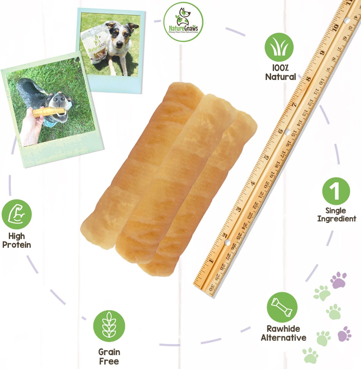 Nature Gnaws 5 to 6-inch Rolls Pork Skin Flavored Dog Treats， 6 count