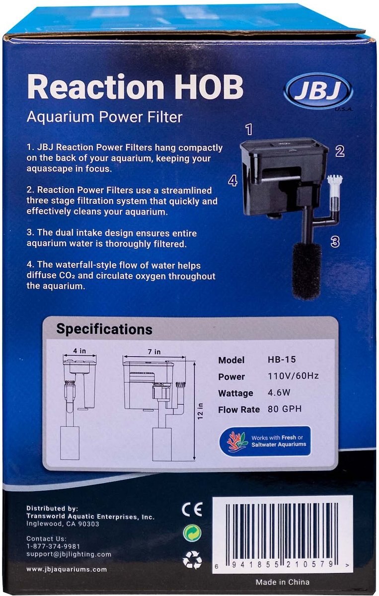 JBJ Aquarium Reaction HOB Aquarium Power Filter