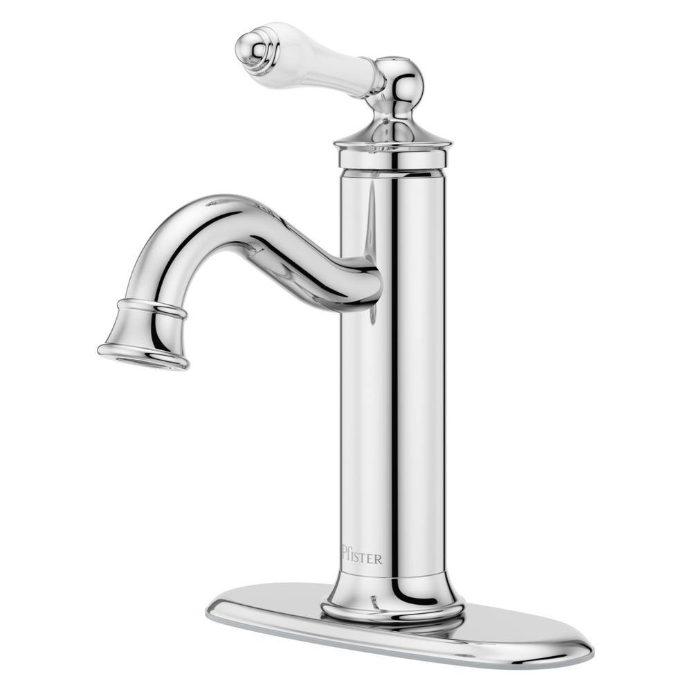 Pfister Courant Single-Handle Single Hole Bathroom Faucet with Deckplate and Drain Kit in Polished Chrome with Porcelain Handle LF-042-COCC