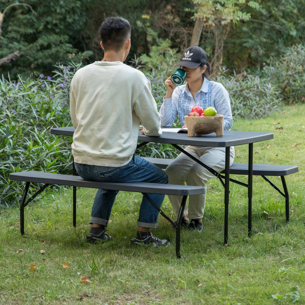 Gardenised Woodgrain Plastic and Steel Gray Outdoor Foldable Portable Picnic Table Set QI003910GY