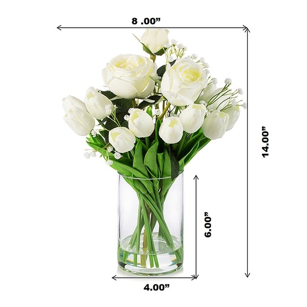 Enova Home Mixed Artificial Real Touch Tulip and Rose Flower Arrangement in Clear Glass Vase with Faux Water