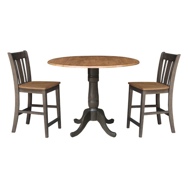 Round Dual Drop Leaf Counter Height Dining Table With 2 Splat Back Stools Hickory washed Coal International Concepts