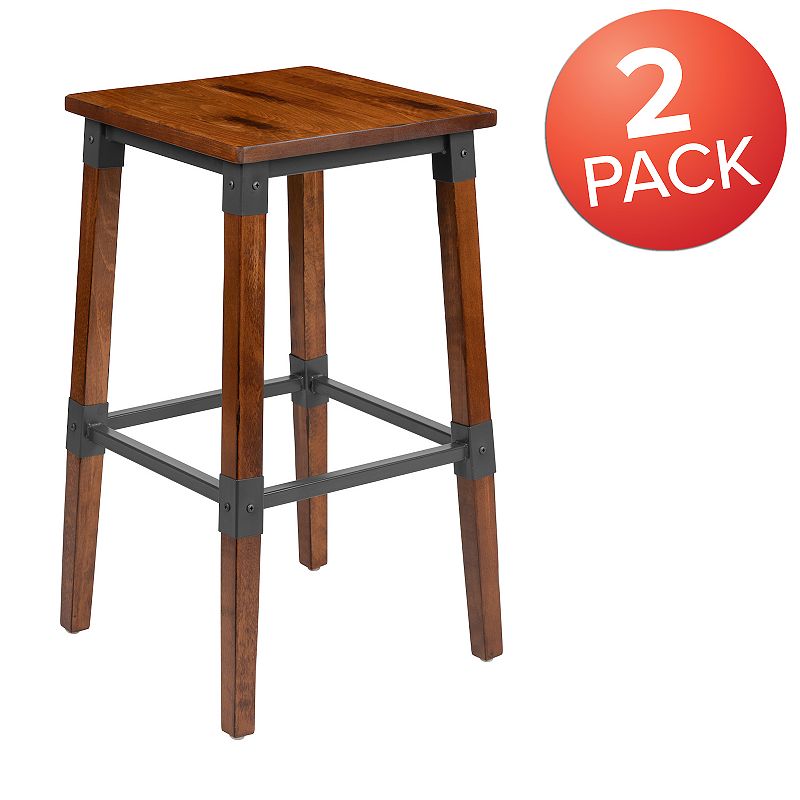 Flash Furniture Rustic Antique Walnut Industrial Wood Bar Stool 2-Piece Set