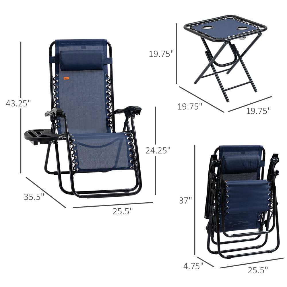 Outsunny Zero Gravity Blue Metal Chaise Lounger Chair Set Folding Reclining Lawn Chair