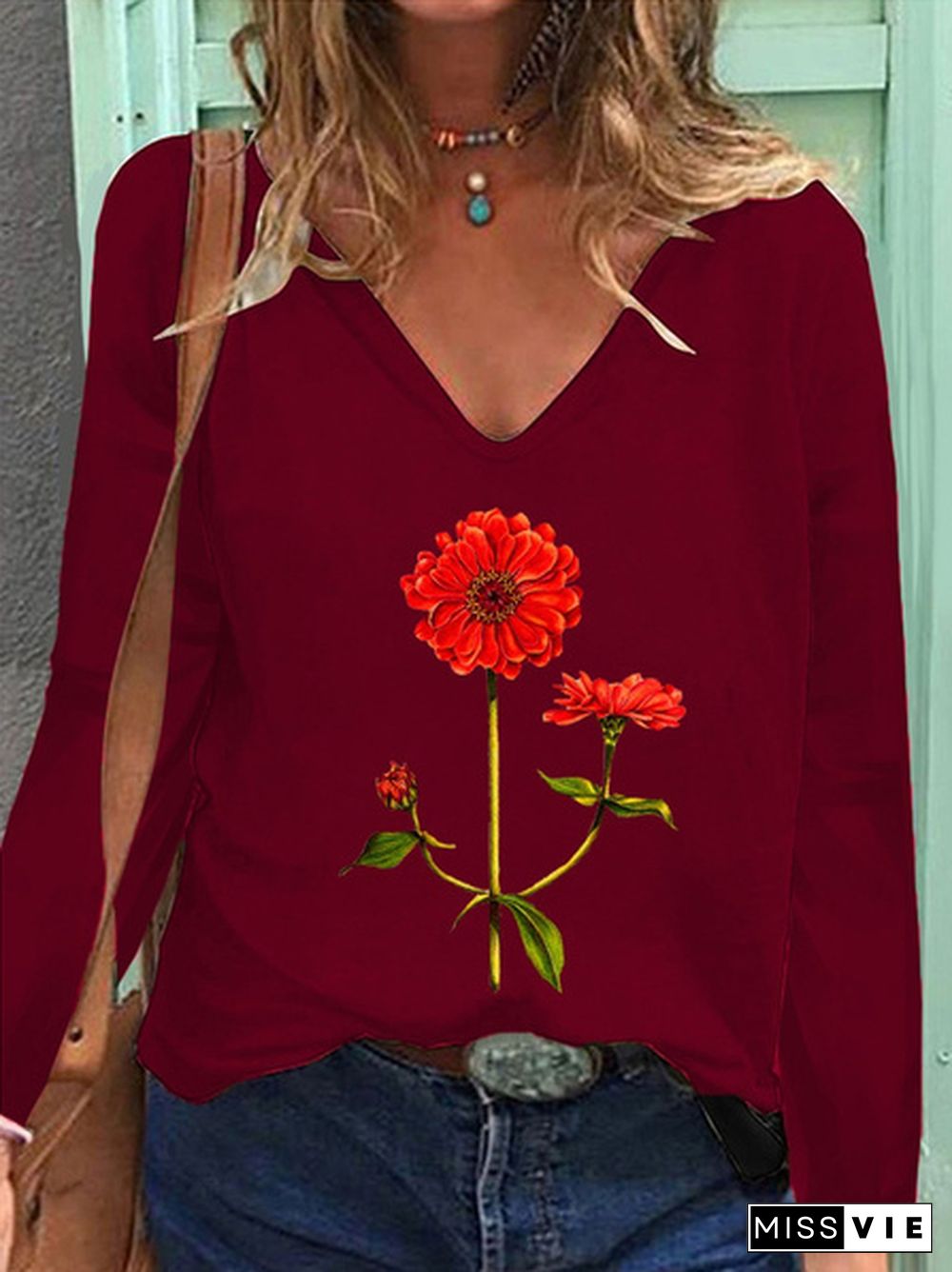 Women's New Spring/autumn Fashion Flowers Printed T-shirt Casual Long Sleeve Deep V-neck Tee Solid Color Pullover Blouse Tops