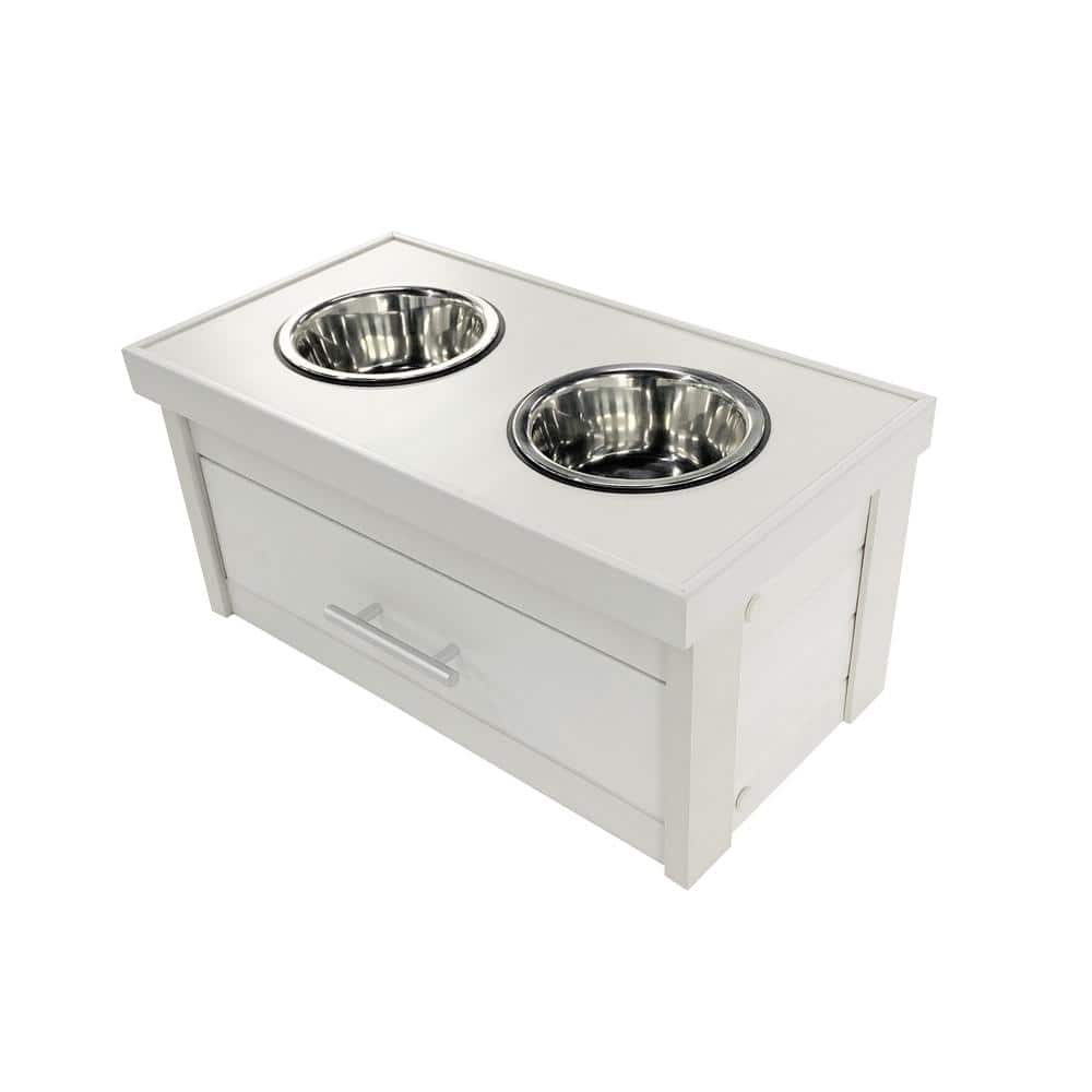 New Age Pet ECOFLEX Piedmont 40 oz. 2-Bowl Dog Diner with Storage Drawer in Antique White EHHF304S