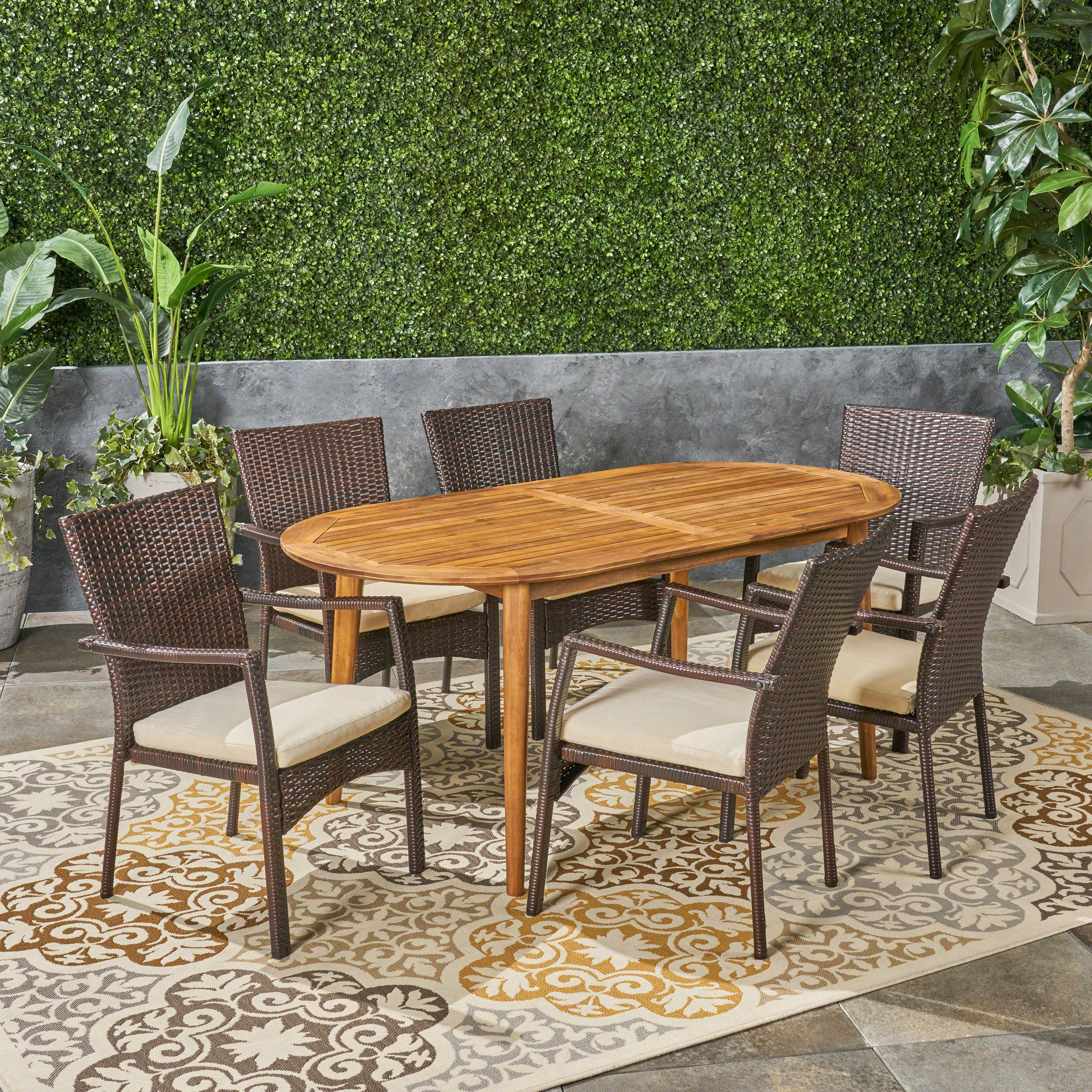 Stanfer Outdoor 7-Piece Acacia Wood Dining Set with Wicker Chairs