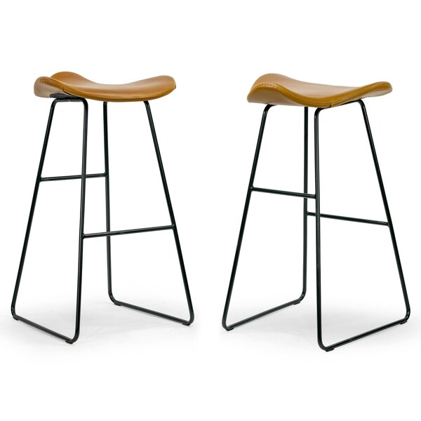 Set of 2 Aoi Brown Faux Leather Backless Barstool with Black Metal Legs