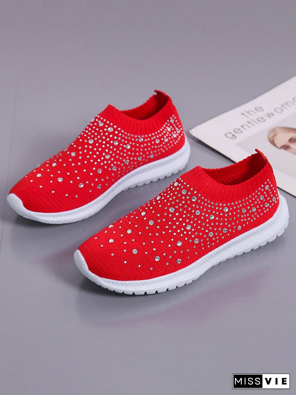 Rhinestone Design Portable Overfoot Lightweight Flyknit Sneakers