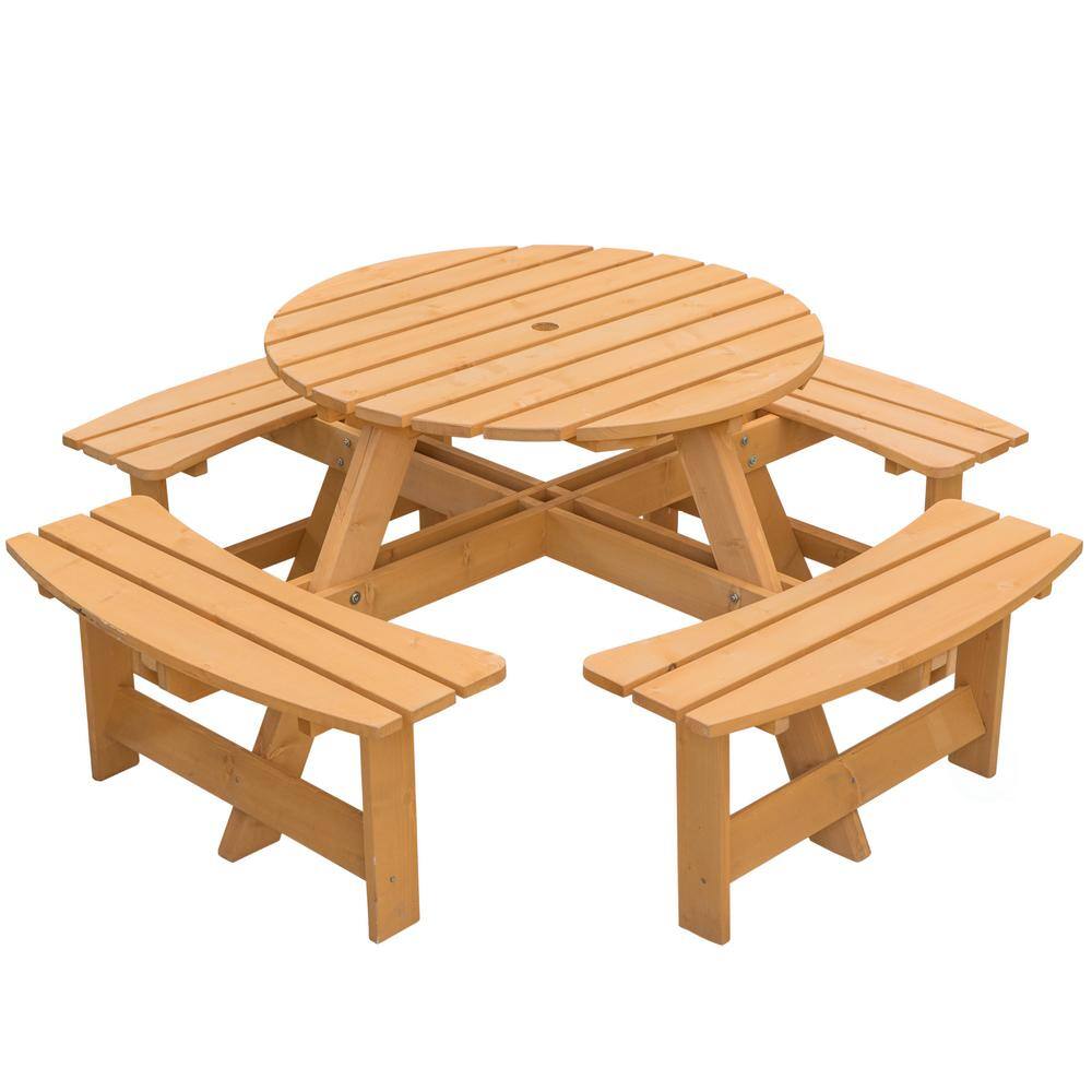 GARDENISED Stained 8-Person Round Wooden Outdoor Patio Garden Picnic Table with Bench QI003903.ST