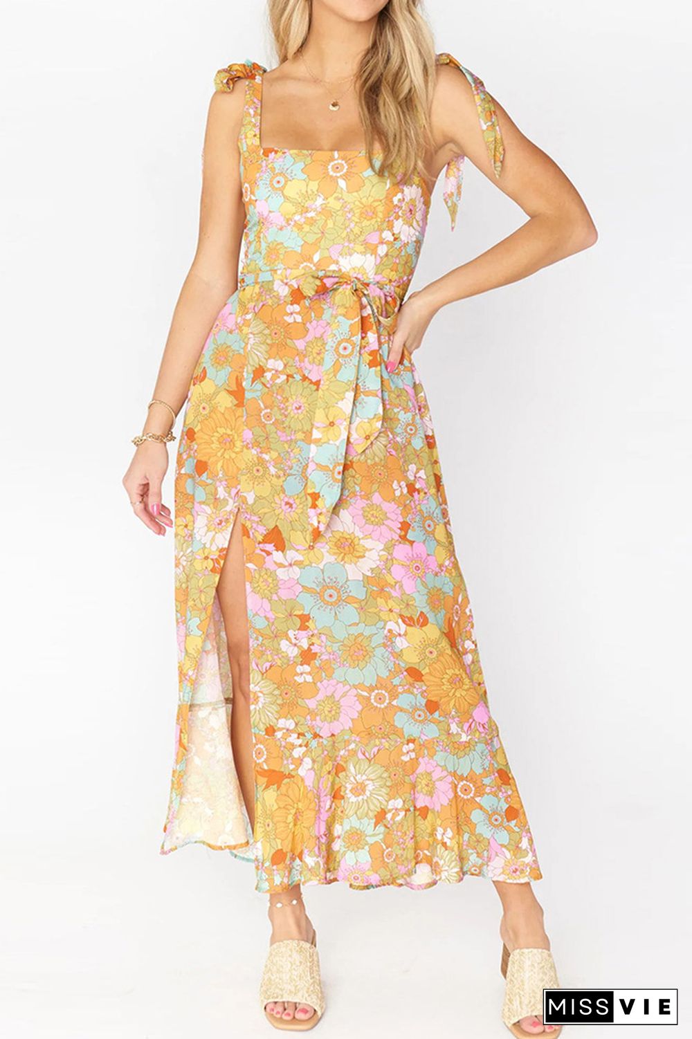 Tie Strap Floral Printed Side Split Cami Dress