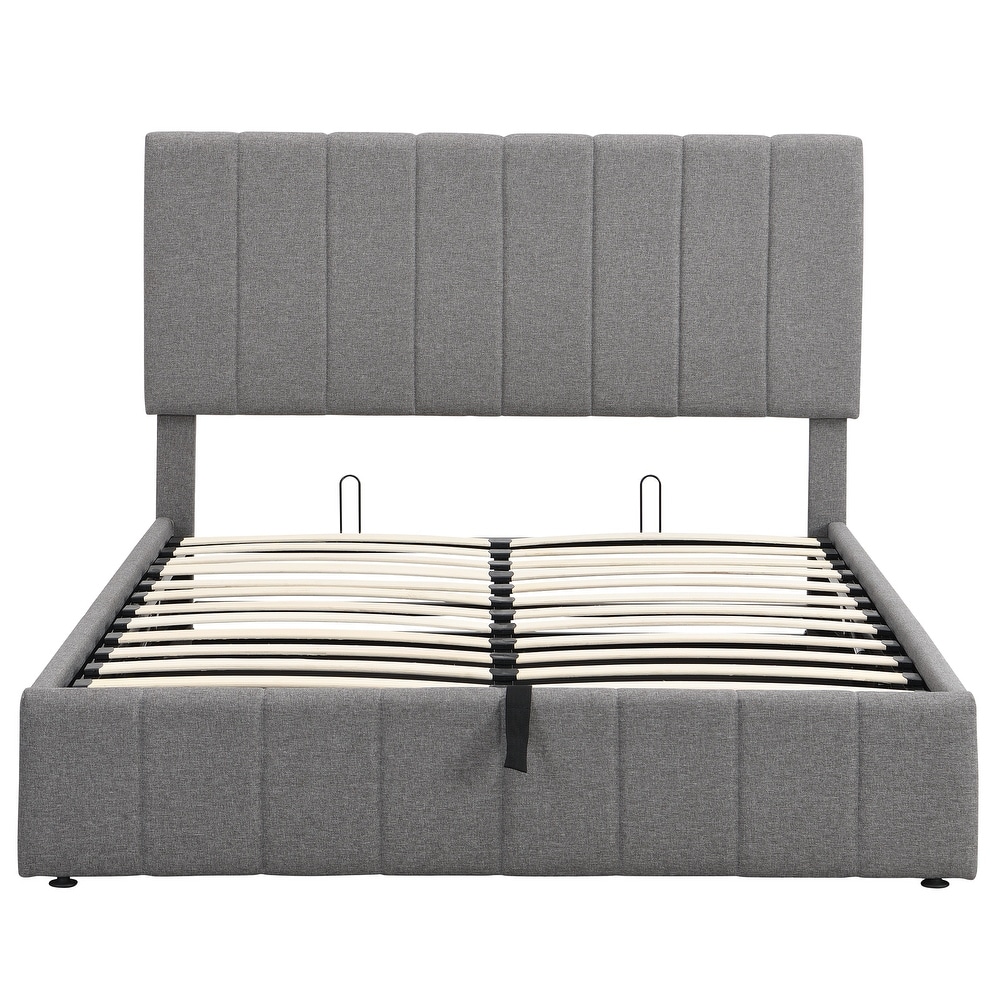 Upholstered Platform Bed with Gas Lift up Storage  Wooden Platform Bed Frame with Tufted Headboard and Hydraulic Storage System