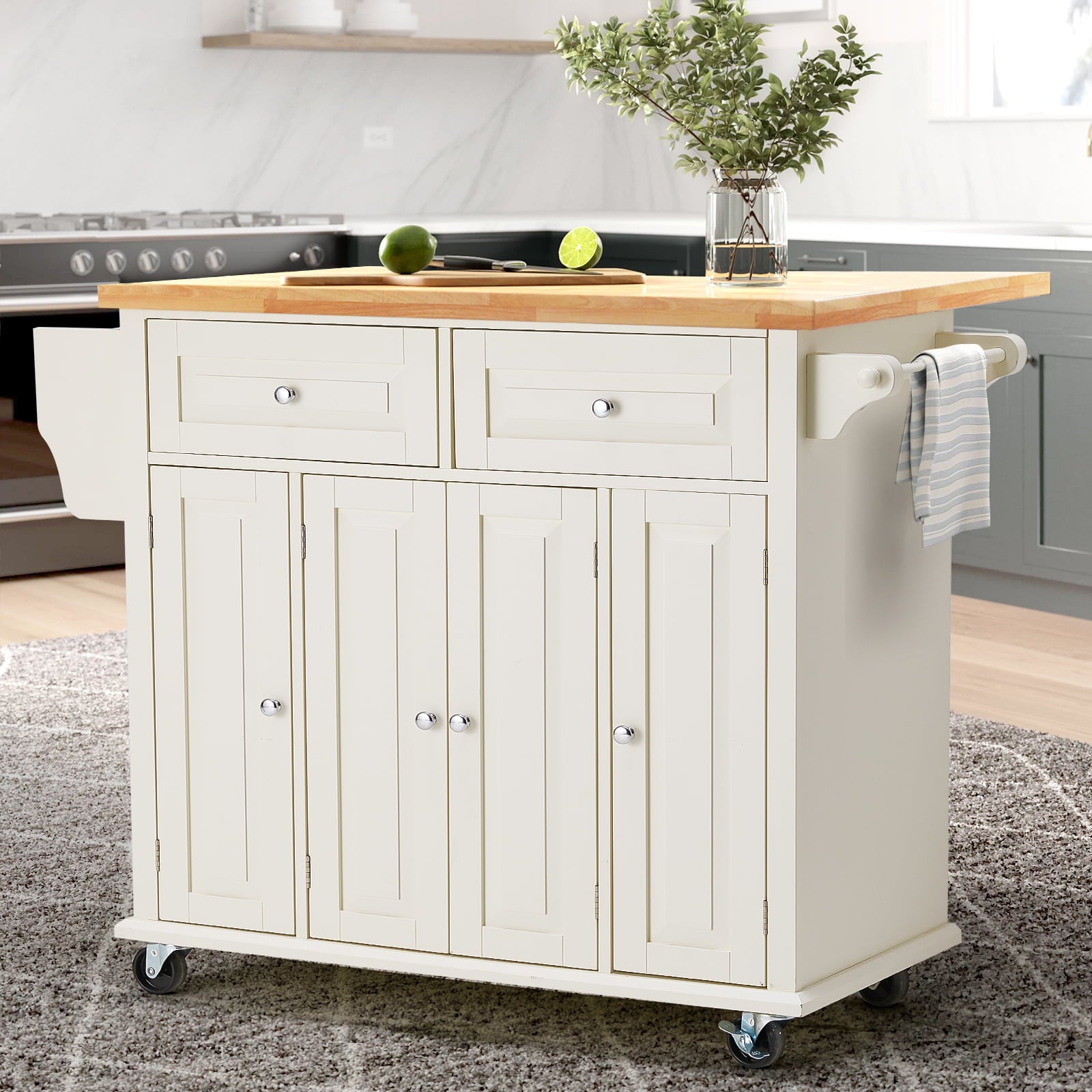 Rolling Kitchen Island Cart with Storage， Kitchen Cart with Drop-Leaf Rubber Wood Tabletop， Lockable Wheels， Trolley Cart Utility Cabinet， Towel Rack， Spice Rack Off-White