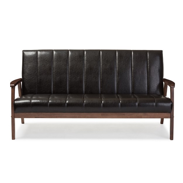 Nikko Mid century Modern Scandinavian Style Faux Leather Wooden 3 Seater Sofa Baxton Studio