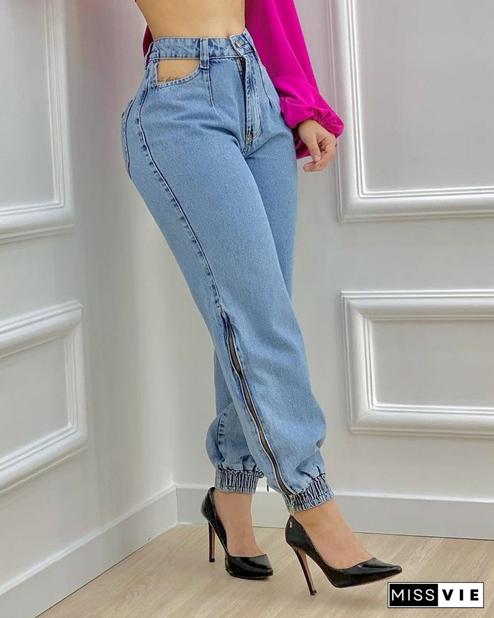 Solid High Waist Hollow-Out Side Zipper Jeans