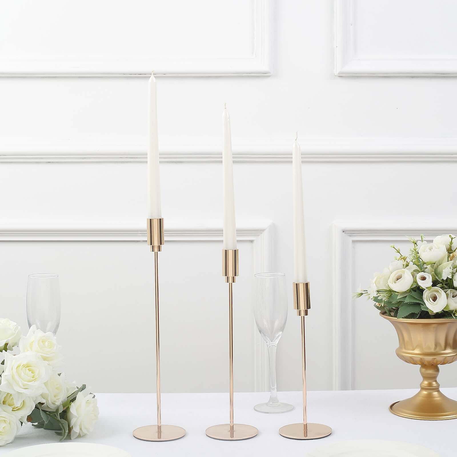 Set of 3 Gold Metal Taper Candle Stands With Round Solid Base, Decorative Candlestick Holder Set 9