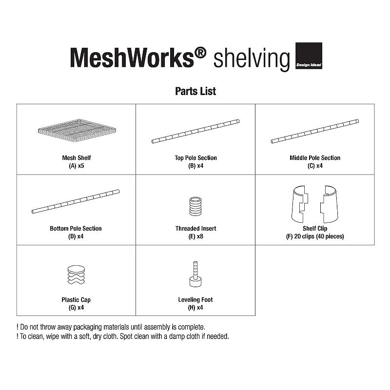 Design Ideas Meshworks 6 Tier Tower Metal Storage Shelving Unit Rack， White