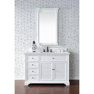 James Martin Vanities Savannah 48 in. W x 23.5 in.D x 34.3 in.H. Single Vanity in Bright White with Marble Top in Carrara White 238-104-V48-BW-3CAR