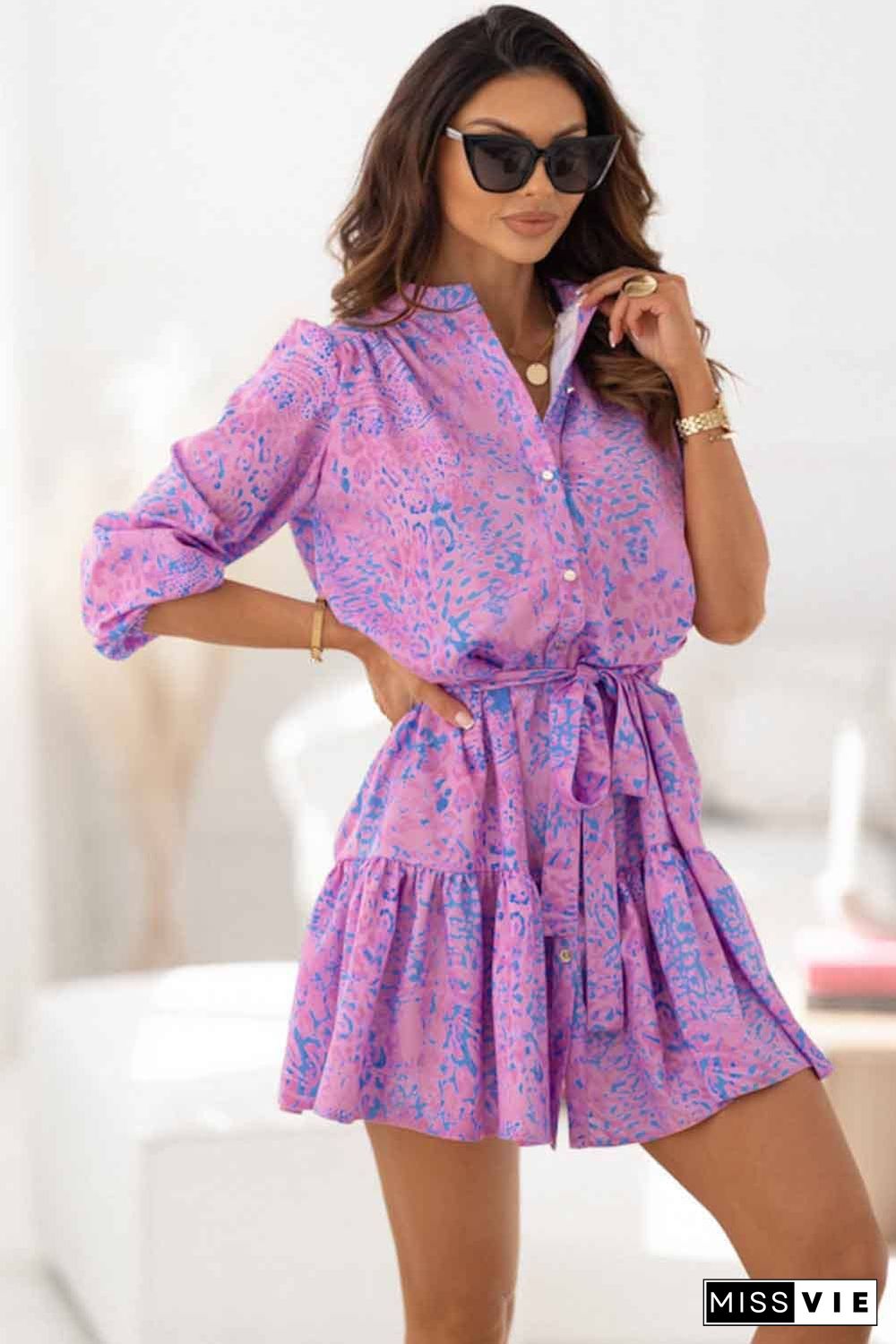 Purple Leopard Print Long Sleeve Shirt Dress