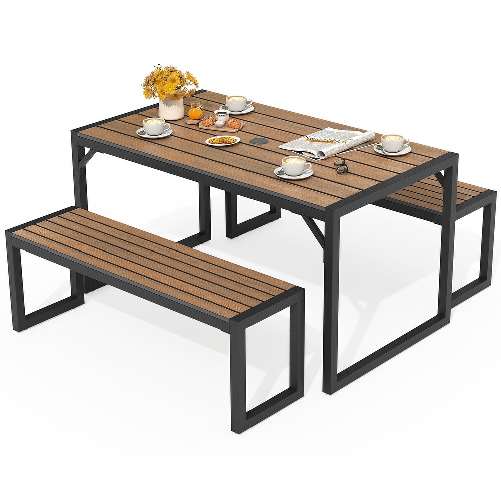 Moasis Outdoor Patio Dining Table Set and Bench with Faux Wood Tabletop