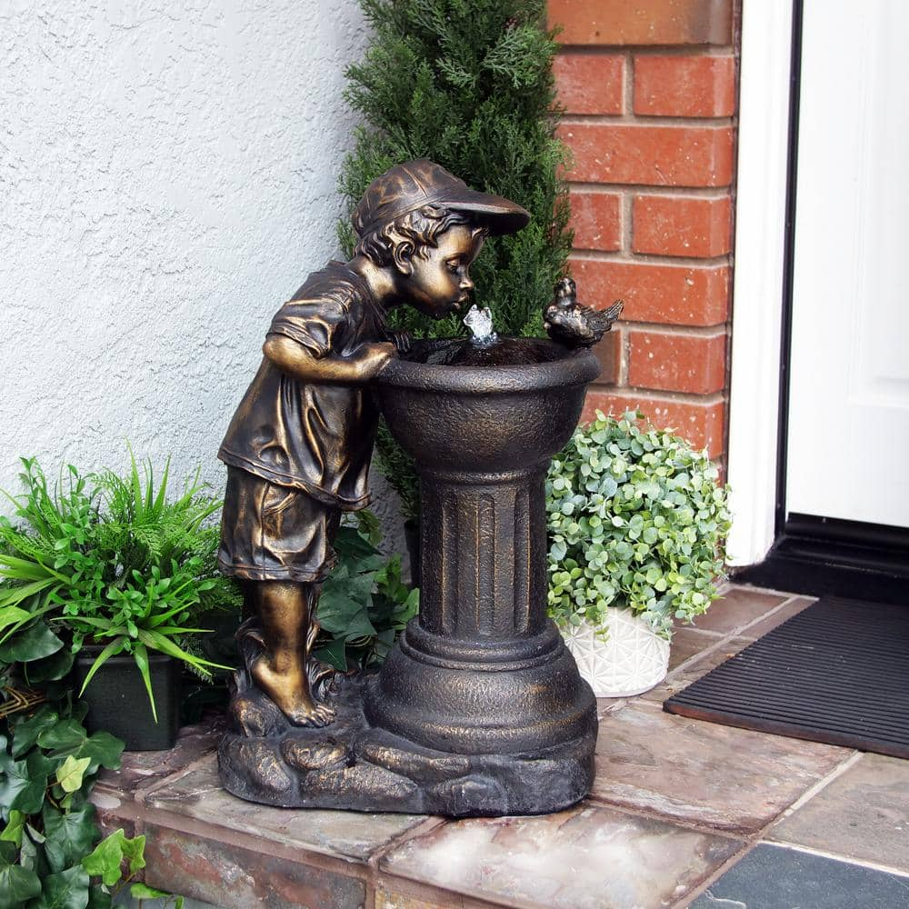 Alpine Corporation 27 in. Tall Indoor/Outdoor Boy Drinking From Water Fountain with LED Lights, Bronze GXT740