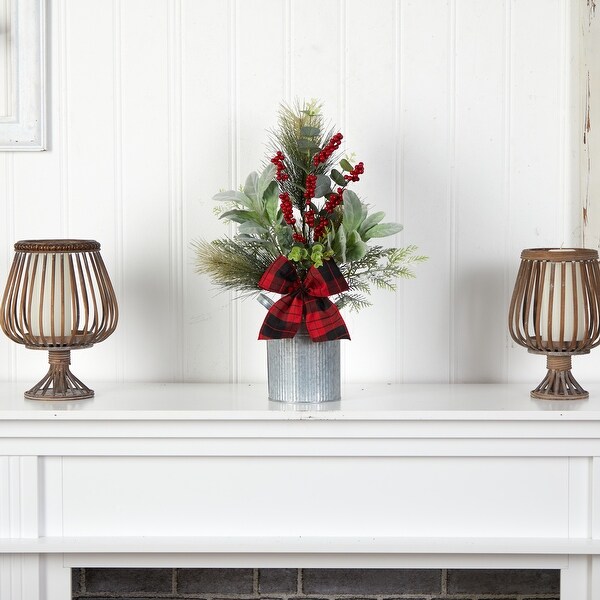 20” Berries and Pine Artificial Christmas Arrangement with Tin Vase