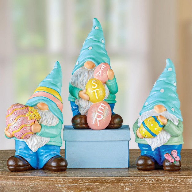 Collections Etc Hand painted Tabletop Gnomes With Easter Eggs Figurines Set Of 3 Blue