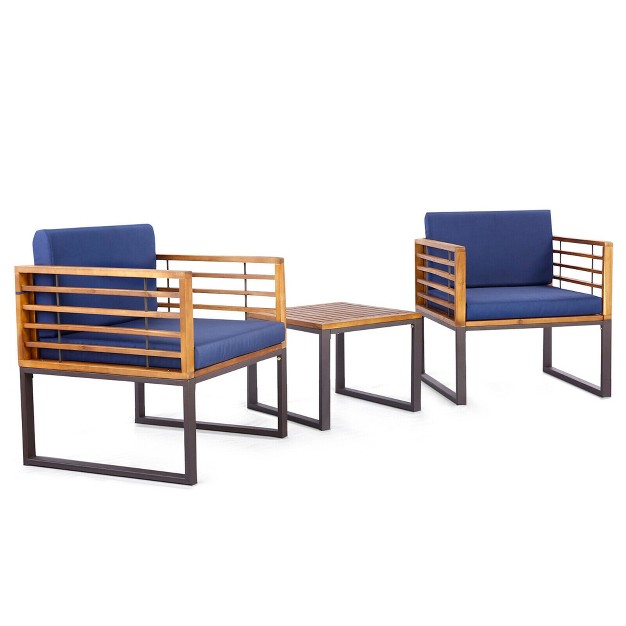 Tangkula 3pcs Acacia Wood Patio Bistro Set Outdoor Conversation Furniture Set W Navy Cushions