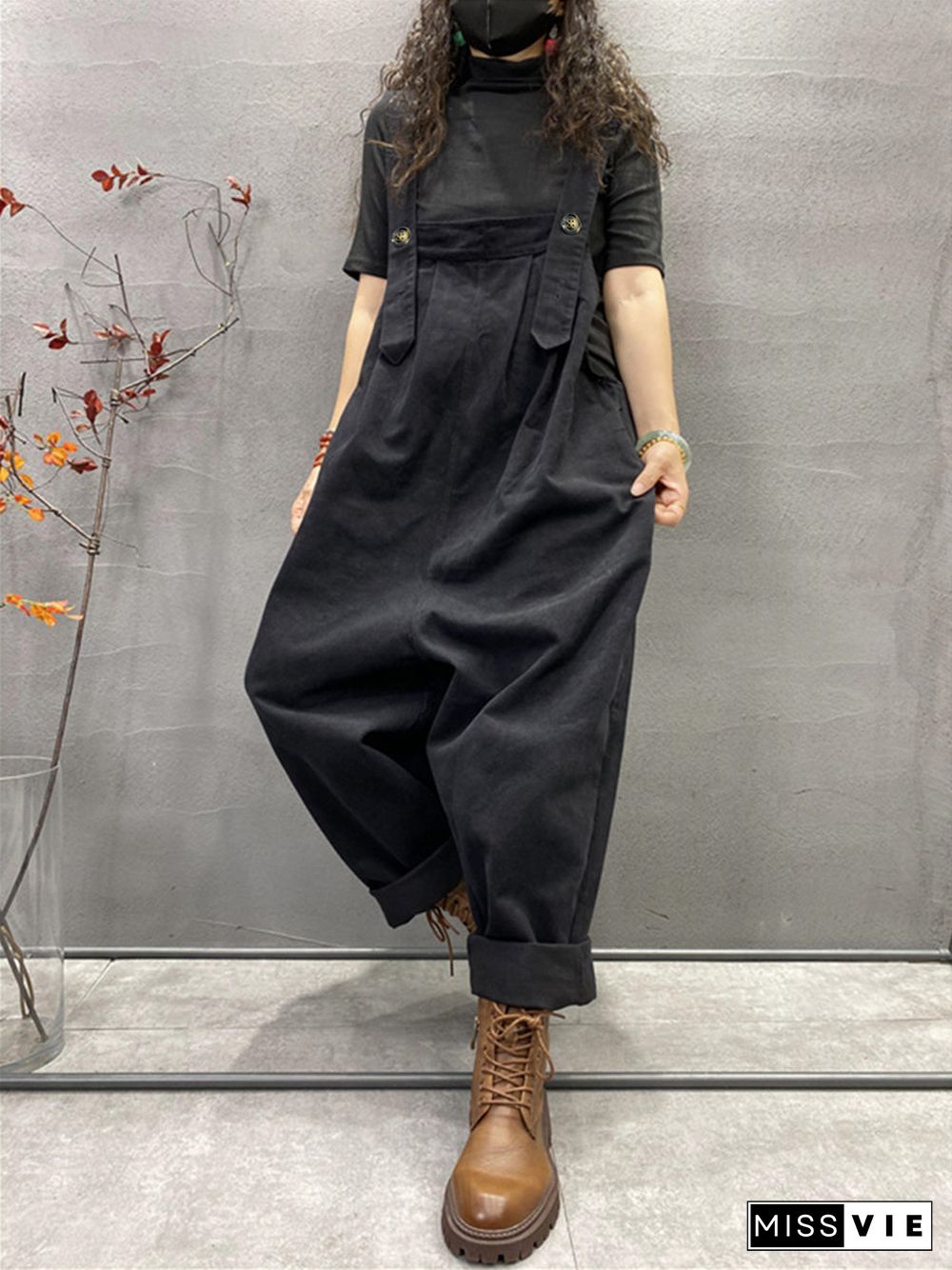 Plus Size Autumn Women Casual Solid Color Loose Jumpsuits