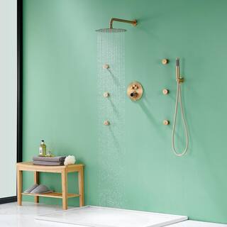 Mondawe Pressure Balanced 3-Spray Patterns 12 in. Wall Mounted Rainfall Dual Shower Heads with 6 Body Spray in Brushed Gold WF6823-12BG