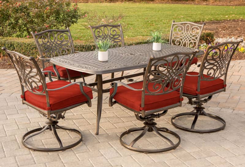 Hanover Traditions 7-Piece Outdoor Dining Set In Red/Cast With 6 Swivel Rockers， 38and#215;72 Cast Table