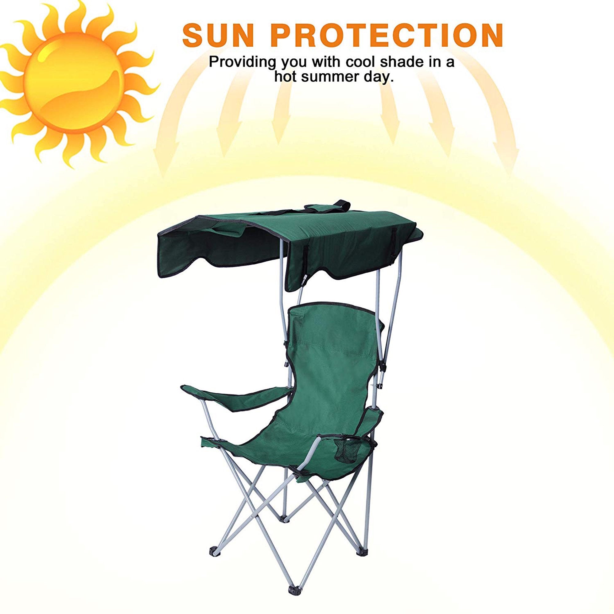 KARMAS PRODUCT Canopy Camping Fishing Beach Chair Folding Durable Sunscreen Outdoor Patio Lawn Seat with Cup Holder， Green