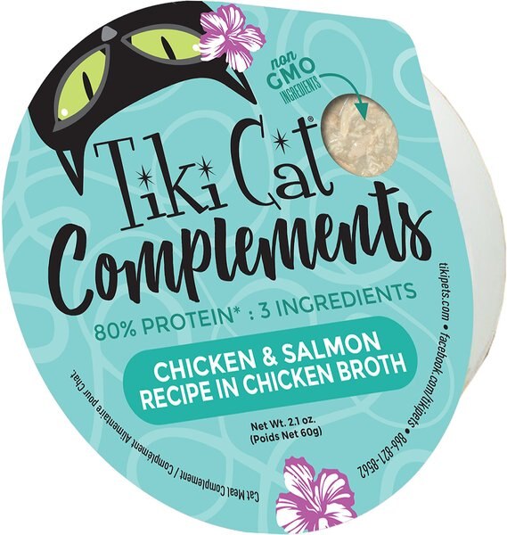 Tiki Cat Complements Chicken and Salmon Recipe in Chicken Broth Wet Cat Food Topper，， 2.1-oz， case of 8