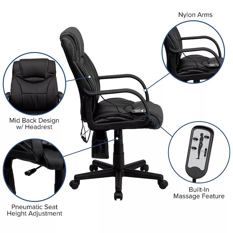 Emma and Oliver Mid-Back Ergonomic Massaging Black LeatherSoft Executive Swivel Office Arm Chair