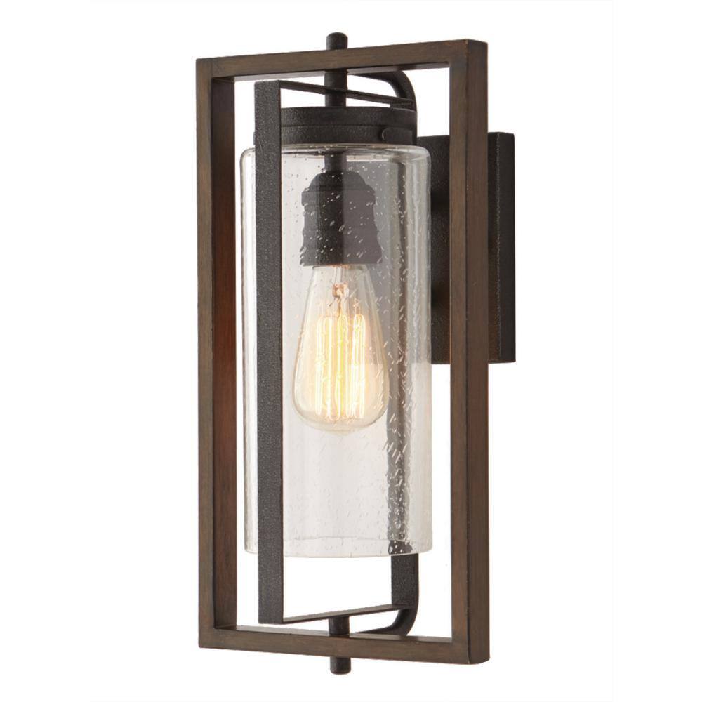 Home Decorators Collection Palermo Grove 8 in. 1-Light Gilded Iron Rustic Farmhouse Outdoor Wall Lantern Sconce with Walnut Wood Accents 7972HDCGIDI