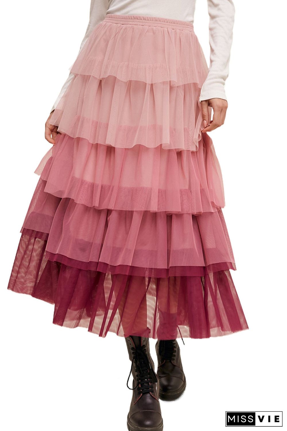 Pink Gradient Ruffle Tiered Mesh Maxi Skirt